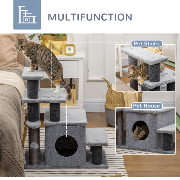Cat stairs with scratching posts and ball toy, grey