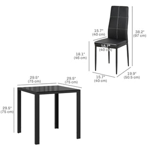 Glass Dining Table and Chair Set with Metal Frame and Faux Leather Upholstery, Black