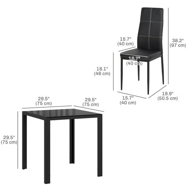 Glass Dining Table and Chair Set with Metal Frame and Faux Leather Upholstery, Black