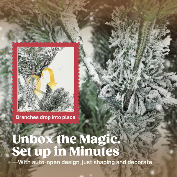 Decorative 7ft artificial snow-covered Christmas tree, easy assembly