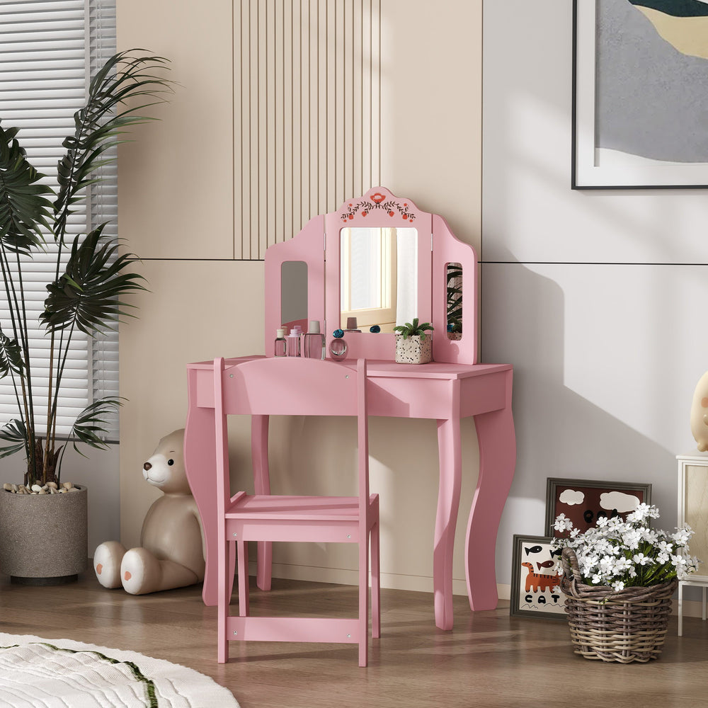 Dressing table with removable tri-fold mirror and drawer, pink