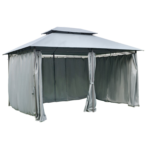 13'L x 10'W x 8.7'H Patio Gazebo Outdoor 2-Tiers Garden Canopy Yard Sunshade Shelter with Curtains, Grey