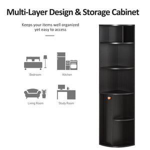 5-Tier Corner Bookcase with Open Compartments and Cabinet, Black