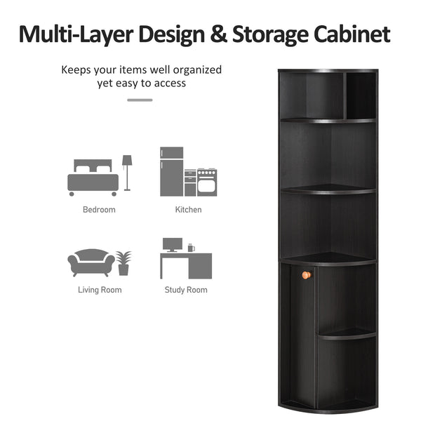5-Tier Corner Bookcase with Open Compartments and Cabinet, Black