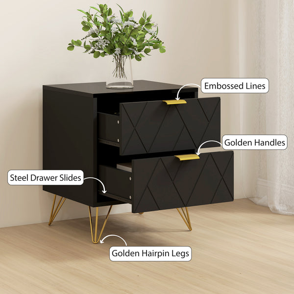 Modern bedside table with 2 drawers for bedroom, black