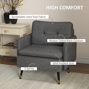 Modern upholstered accent chair with tufted back and steel legs, dark gray