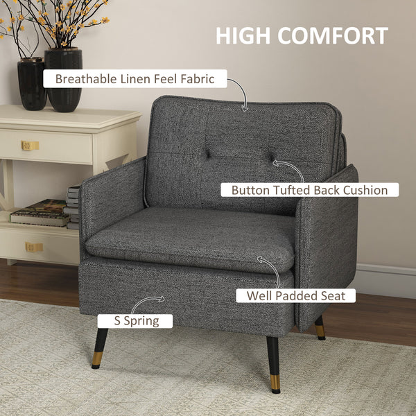 Modern upholstered accent chair with tufted back and steel legs, dark gray