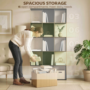 5-tier S-shaped geometric bookshelf with 15 compartments, black wood look.