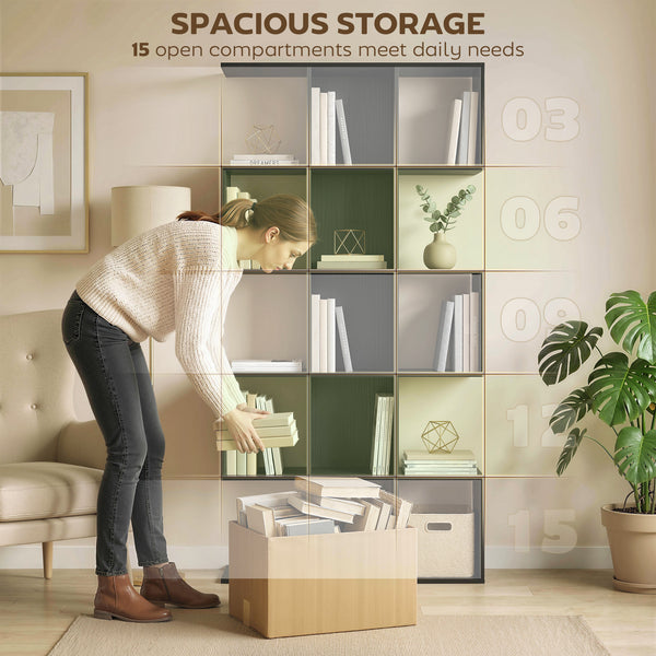 5-tier S-shaped geometric bookshelf with 15 compartments, black wood look.