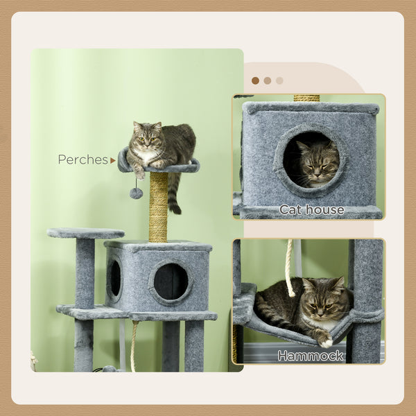 54" Cat Tree with Hammock, Scratching Post, Hideaway and Play Balls, Grey