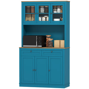 Storage cabinet with microwave space, sideboard with hutch, 2 drawers, adjustable shelves and glass doors, navy blue