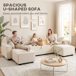 Modular U-shaped sectional sofa with double chaise longue and spring cushions, beige