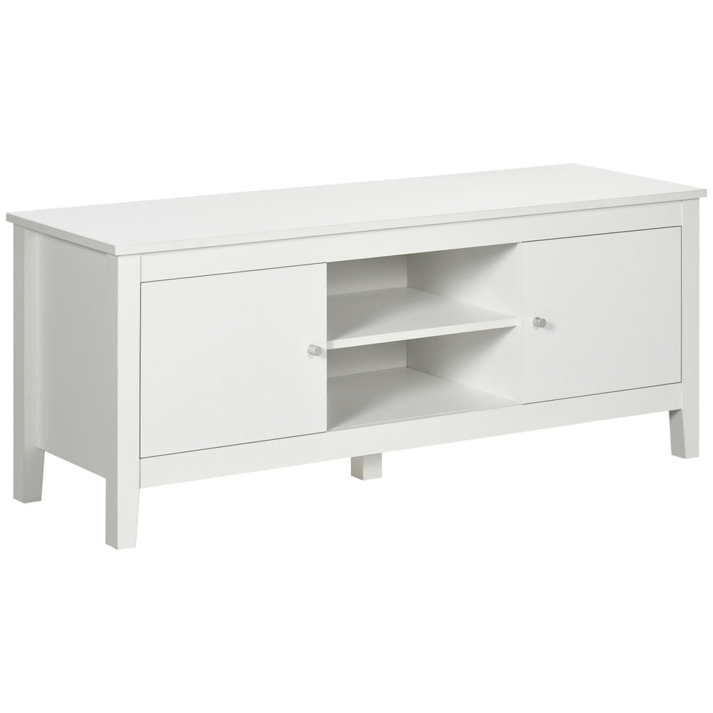Modern TV stand for TVs up to 55 inches with cupboards and shelves, white