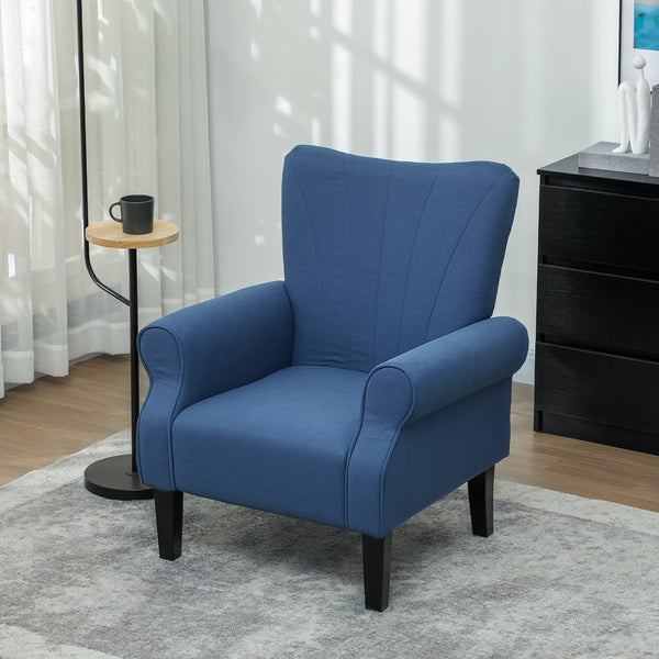 Modern fabric accent chair with wooden legs, dark blue