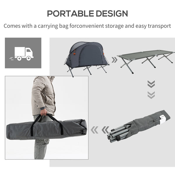 Folding camp bed with self-inflating air mattress and carrying bag