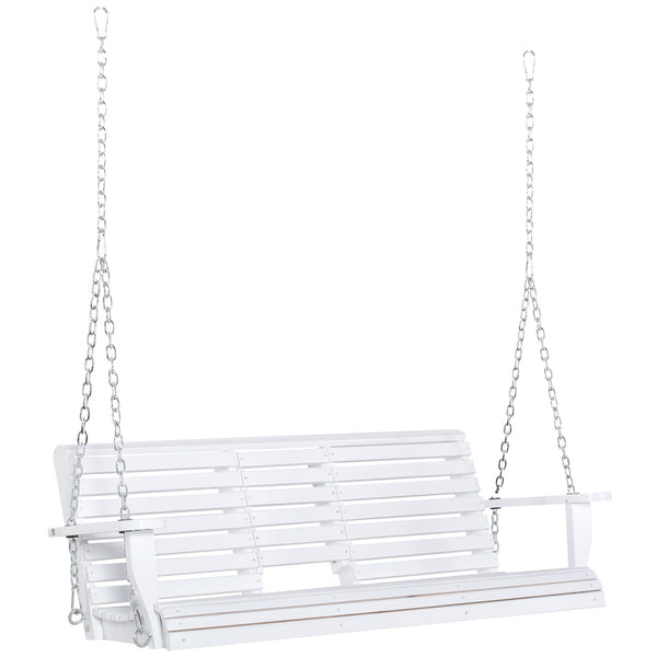 2 to 3 Seater Porch Swing Wood Patio Swing Chair Swing Bench with Foldable Table, Cup Holders, Steel Chains, White