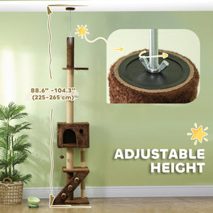 226-264cm Cat Tree with Scratching Post, 3 Steps, Hanging Ball, Brown 