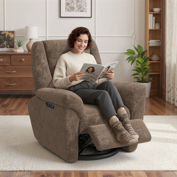 Electric reclining armchair, upholstered in fabric, with USB ports, swivel and rocking function, and footrest, Brown