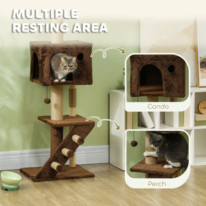 226-264cm Cat Tree with Scratching Post, 3 Steps, Hanging Ball, Brown 