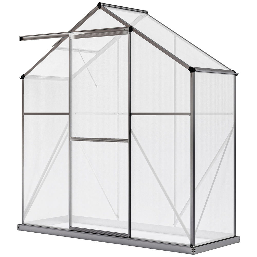 Polycarbonate greenhouse with sliding door, 5-level roof ventilation and gutter