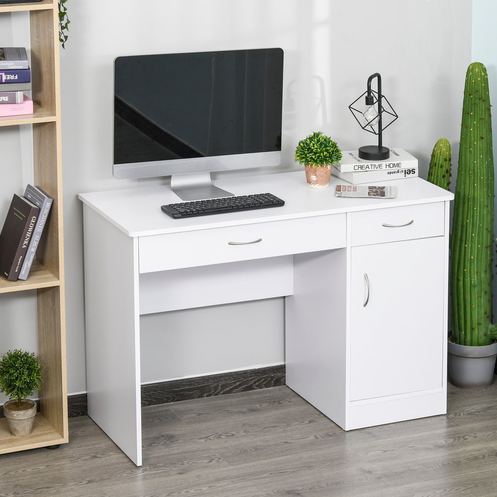 Computer desk with storage drawers, cabinet and adjustable shelf, white