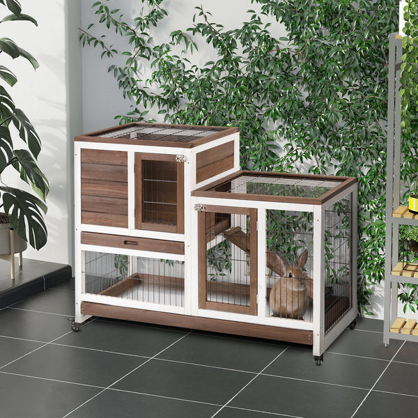 Wooden hutch with wheels, removable trays and run, brown