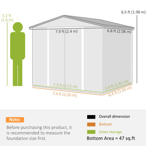 Galvanized steel garden shed with lockable doors and floor structure, teak color