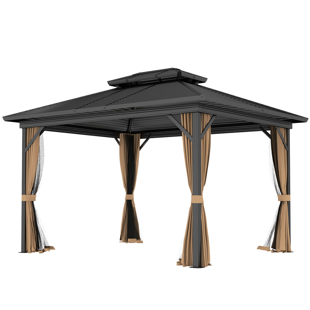 10' x 12' Hardtop Gazebo, Sun Shelter with Two-Tier Metal Roof, Mosquito Netting and Hanging Hook, Dark Brown