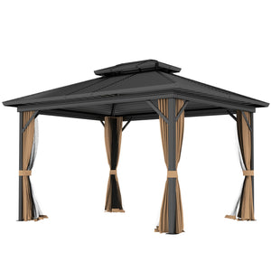 10' x 12' Hardtop Gazebo, Sun Shelter with Two-Tier Metal Roof, Mosquito Netting and Hanging Hook, Dark Brown