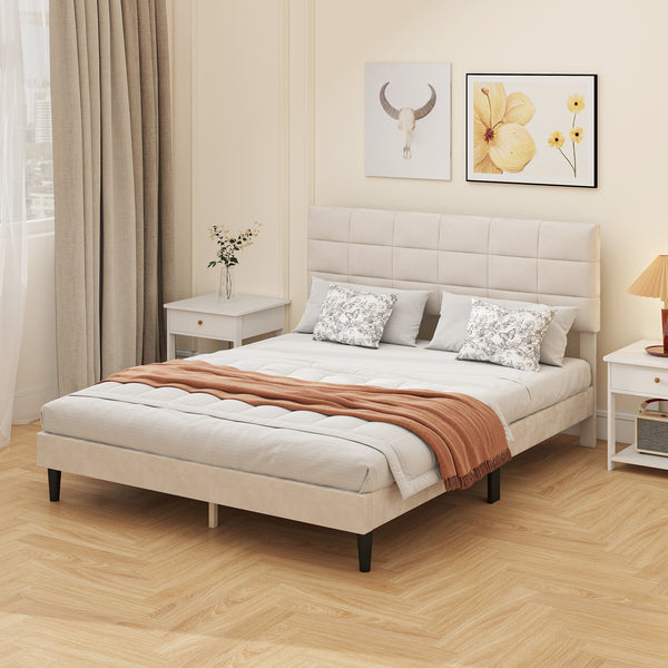 Queen Size Bed Frame with Upholstered Headboard and Wooden Slats, Cream Color