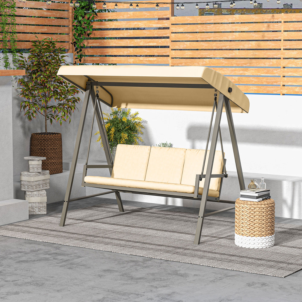 Balancelle de terrasse 3 places beige avec auvent réglable pour l’ombre et coussins amovibles, idéale pour le jardin ou un espace détente extérieur

