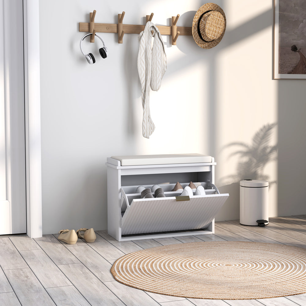 Banc d'entrée blanc avec assise rembourrée, tiroirs rabattables, capacité de charge jusqu'à 120 kg et rangement pour 6 paires de chaussures