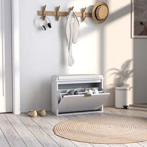 Banc d'entrée blanc avec assise rembourrée, tiroirs rabattables, capacité de charge jusqu'à 120 kg et rangement pour 6 paires de chaussures