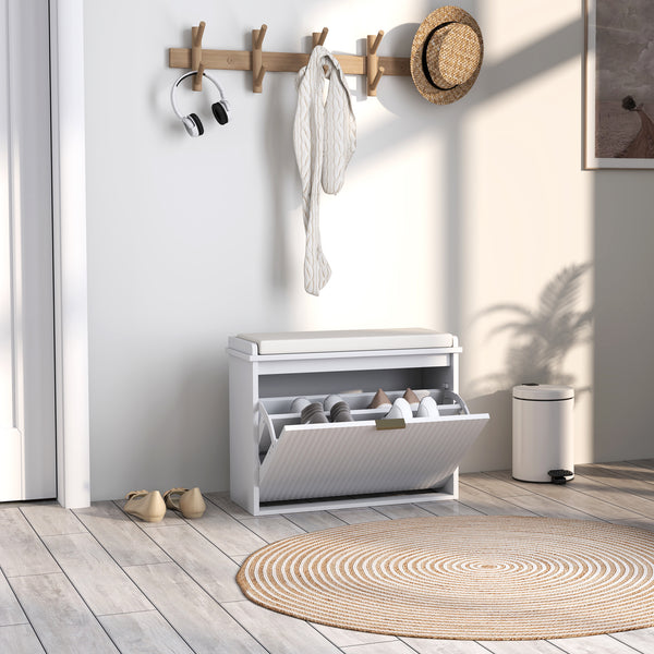 Banc d'entrée blanc avec assise rembourrée, tiroirs rabattables, capacité de charge jusqu'à 120 kg et rangement pour 6 paires de chaussures