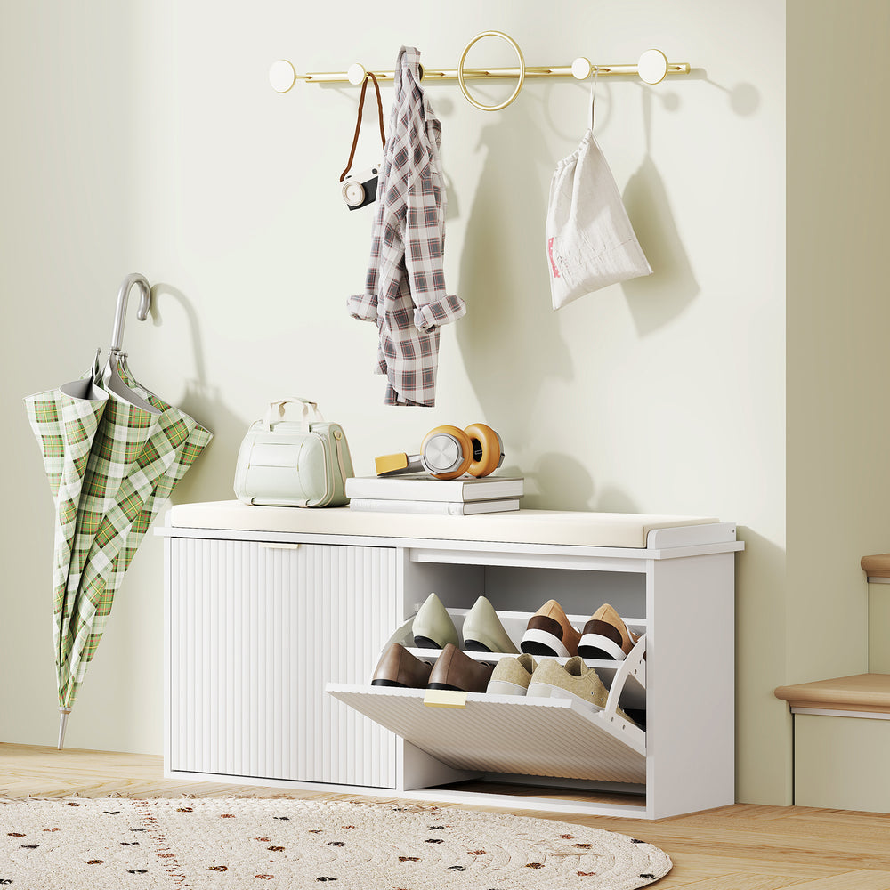 Banc d'entrée blanc avec assise rembourrée et tiroirs rabattables, rangement pour 10 paires de chaussures

