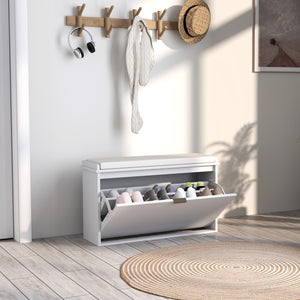 Banc d'entrée blanc avec assise rembourrée et tiroirs rabattables pour rangement de 8 paires de chaussures