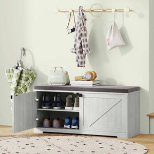 
Banc de rangement à chaussures gris clair avec assise rembourrée, organiseur pour jusqu’à 8 paires

