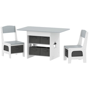 3-piece table and chair set with 6 removable drawers, light gray