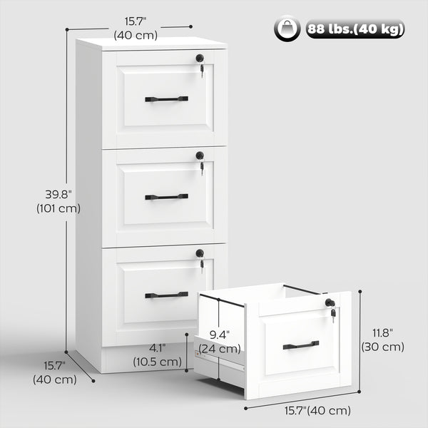 3-drawer vertical filing cabinet with lock, equipped with adjustable hanging rails for A4 and Letter sizes, white.