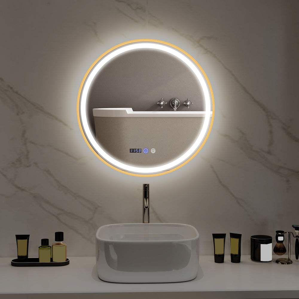 Round bathroom mirror with LED lighting with anti-fog coating, gold