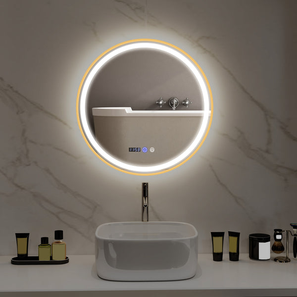 Round bathroom mirror with LED lighting with anti-fog coating, gold