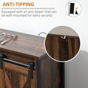 Industrial buffet with sliding barn doors, rustic brown color.