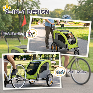 2-in-1 Dog Bike Trailer, Foldable Stroller and Trailer with Suspension, Universal Bike Hitch, Green