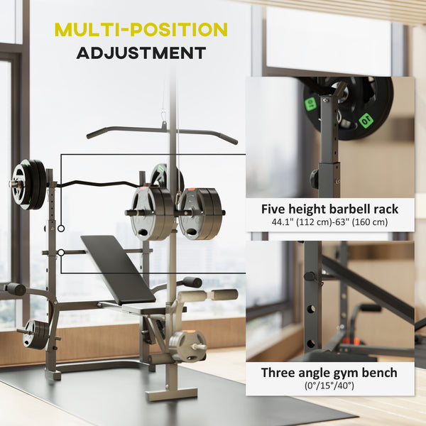 Adjustable weight bench with bench press and lat pulldown rack