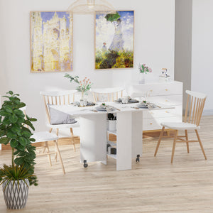 Extendable dining table with 2-tier shelves and casters, white