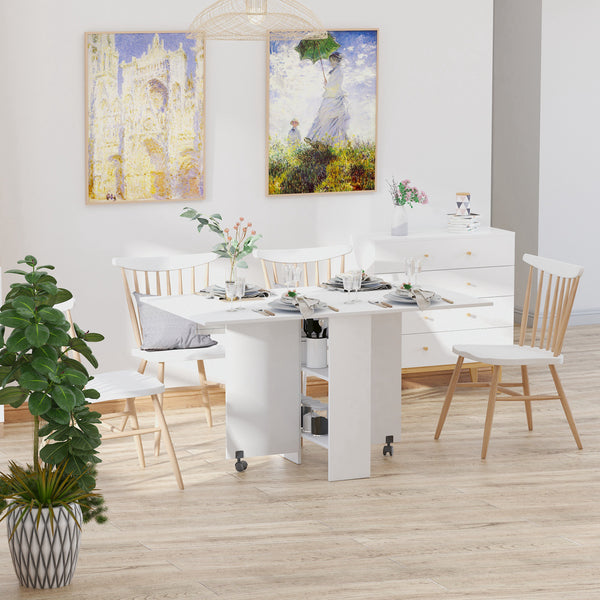 Extendable dining table with 2-tier shelves and casters, white