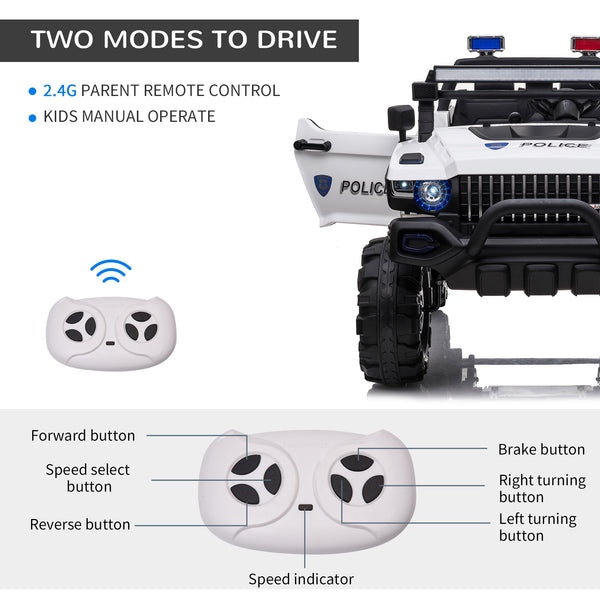2-seater police truck, 12V with LED lights and MP3 player, white