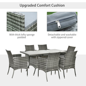 7 Piece Rattan Dining Set with Cushions, Grey