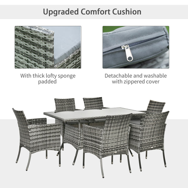 7 Piece Rattan Dining Set with Cushions, Grey