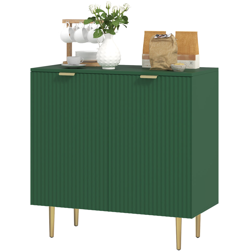 Modern kitchen storage cabinet with adjustable shelves and metal legs, green